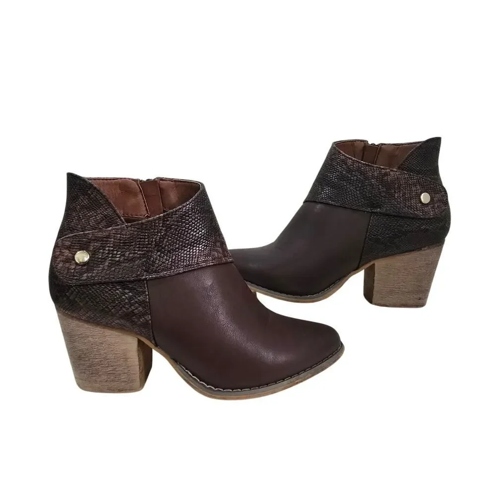 TINSTREE Snakeskin Ankle Boots Size 7 Chunky Heel Western Rust Brown Boho